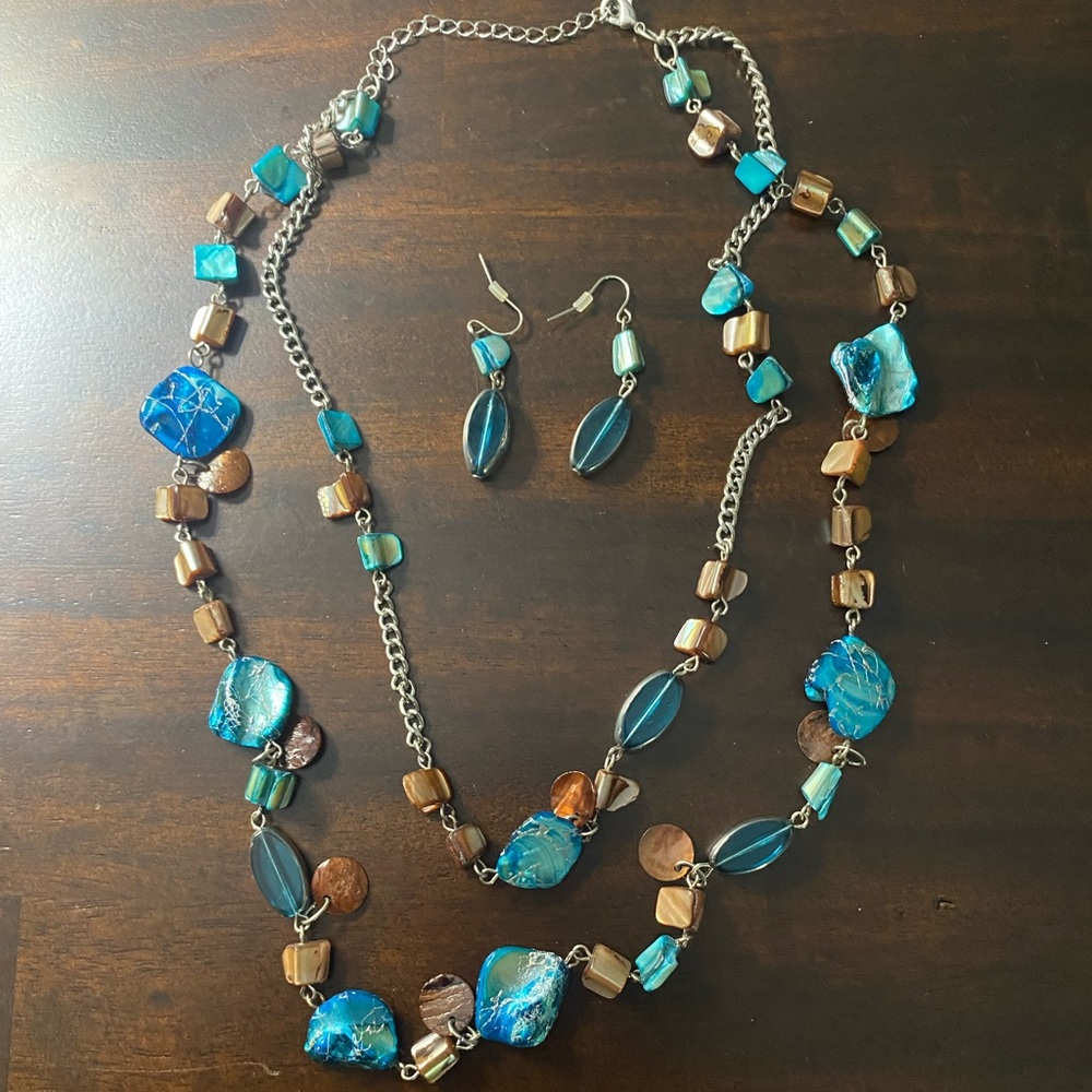 Brown and teal necklace, earring, and bracelet set.